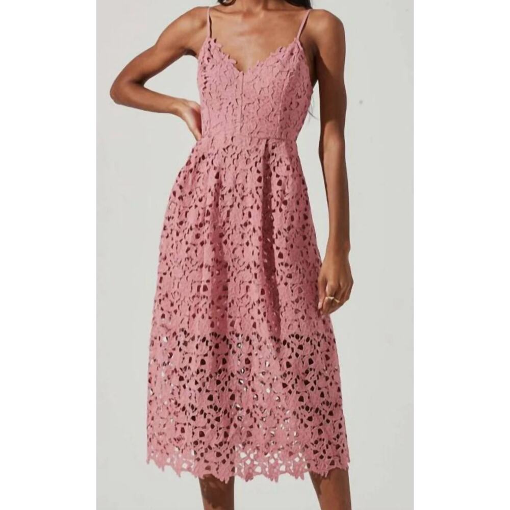 ASTR the Label A Line Lace Crochet Fit & Flare Mauve Pink Midi Cottage Dress S